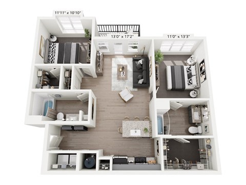 Floor plan for 2 beds, 2 baths, 1074 sqft